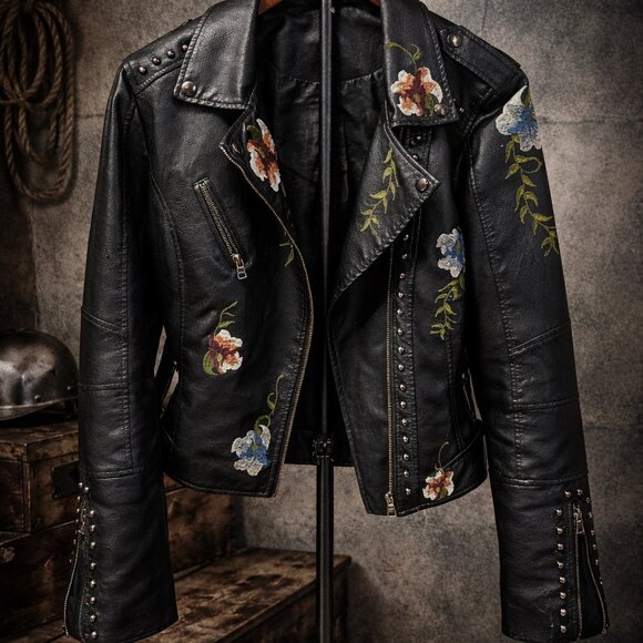 ATF Jackets & Blazers - ATF Floral Embroidered Moto Jacket Black Studded Faux Leather Size M